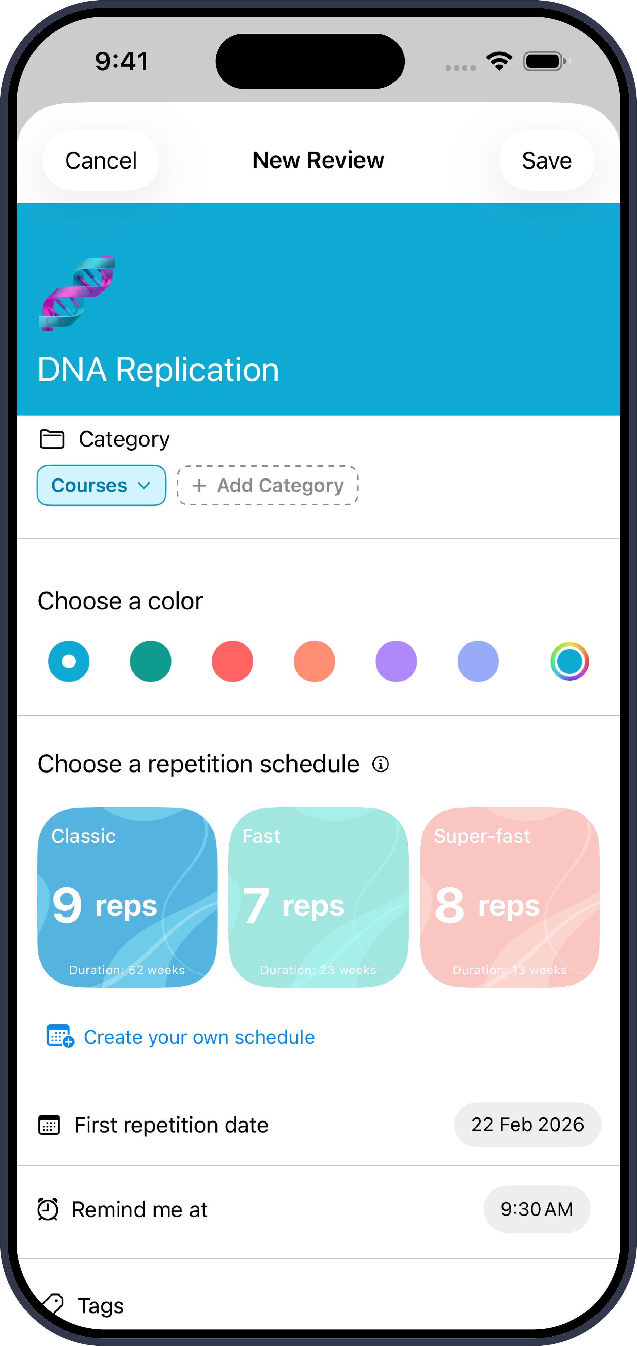 New Review screen — title, category, color, schedule, and dates