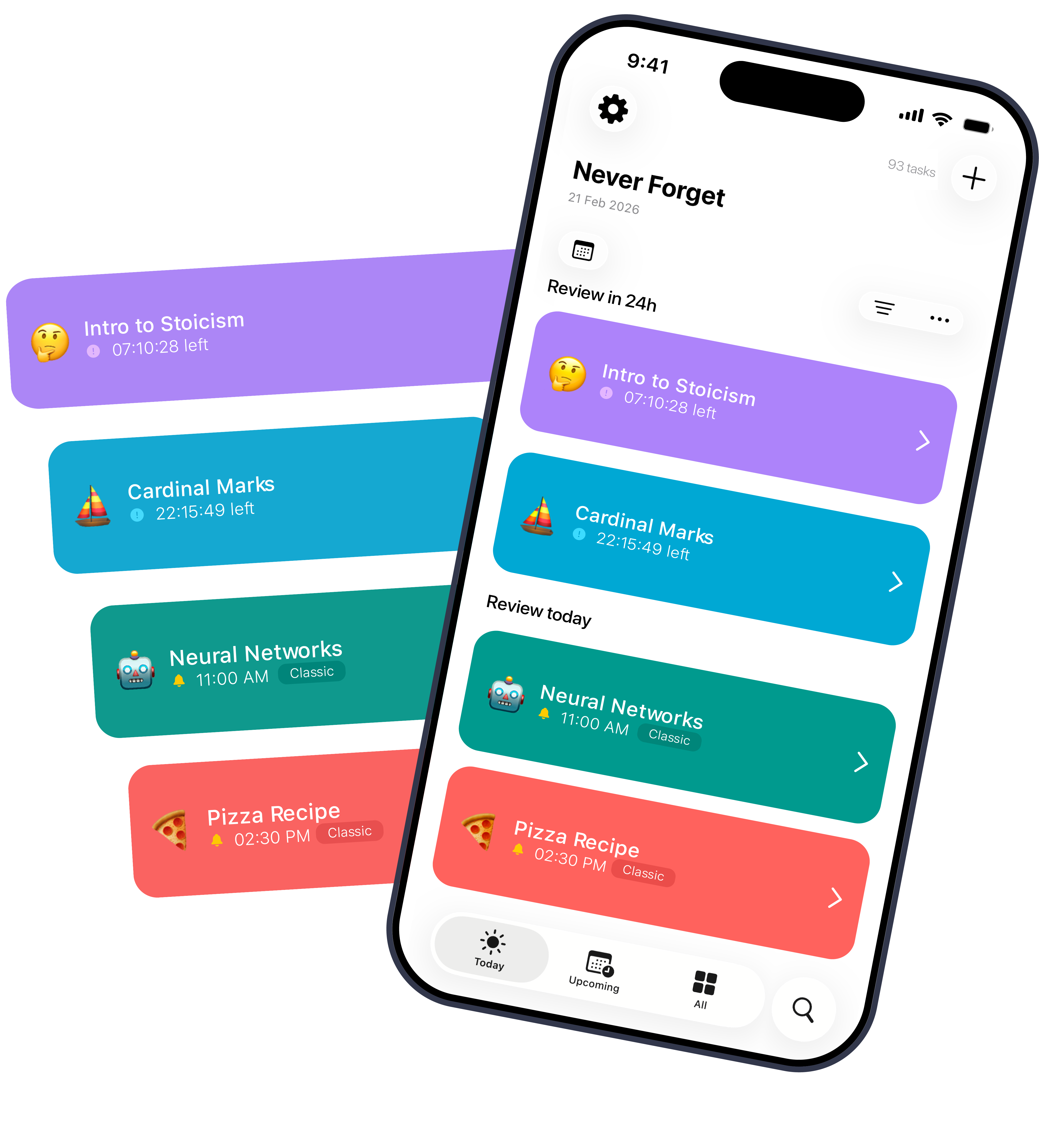 Never Forget app on Apple devices showing colorful reminder cards